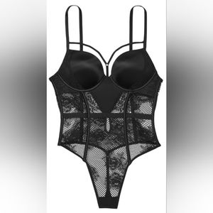 S M L VS Bombshell Satin Fishnet Floral Lace Teddy Black